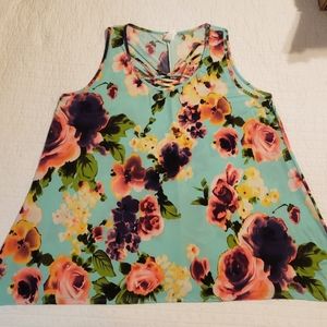 Bright sleeveless floral top,3xl, teal, pink roses